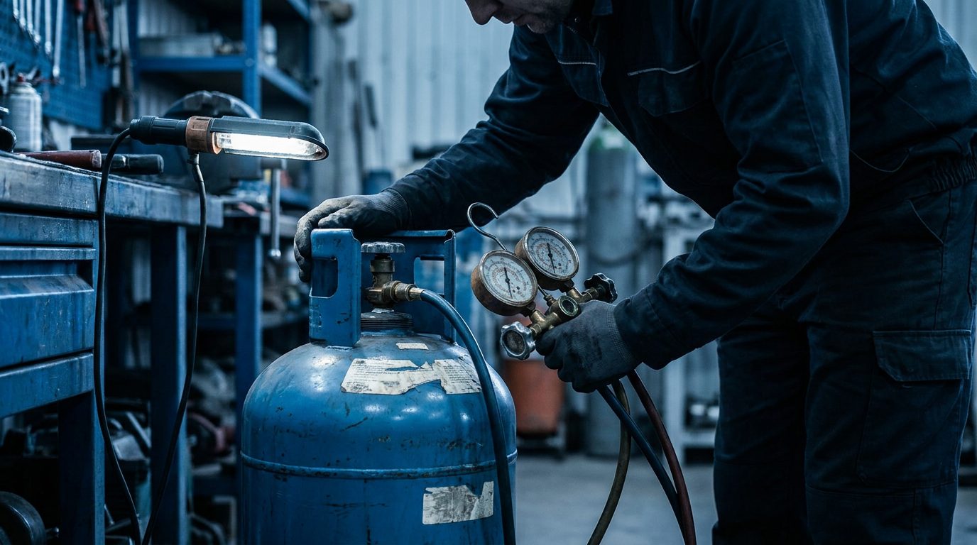 Technician's refrigerant gauges showing readings on a R-454B A2L system