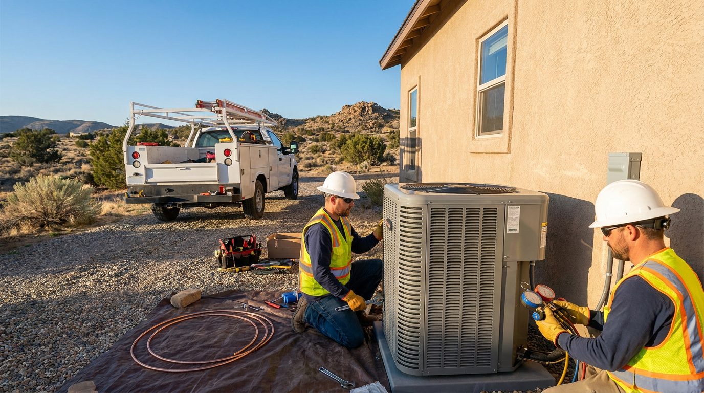 JCE technician installing a new AC condenser at a High Desert home