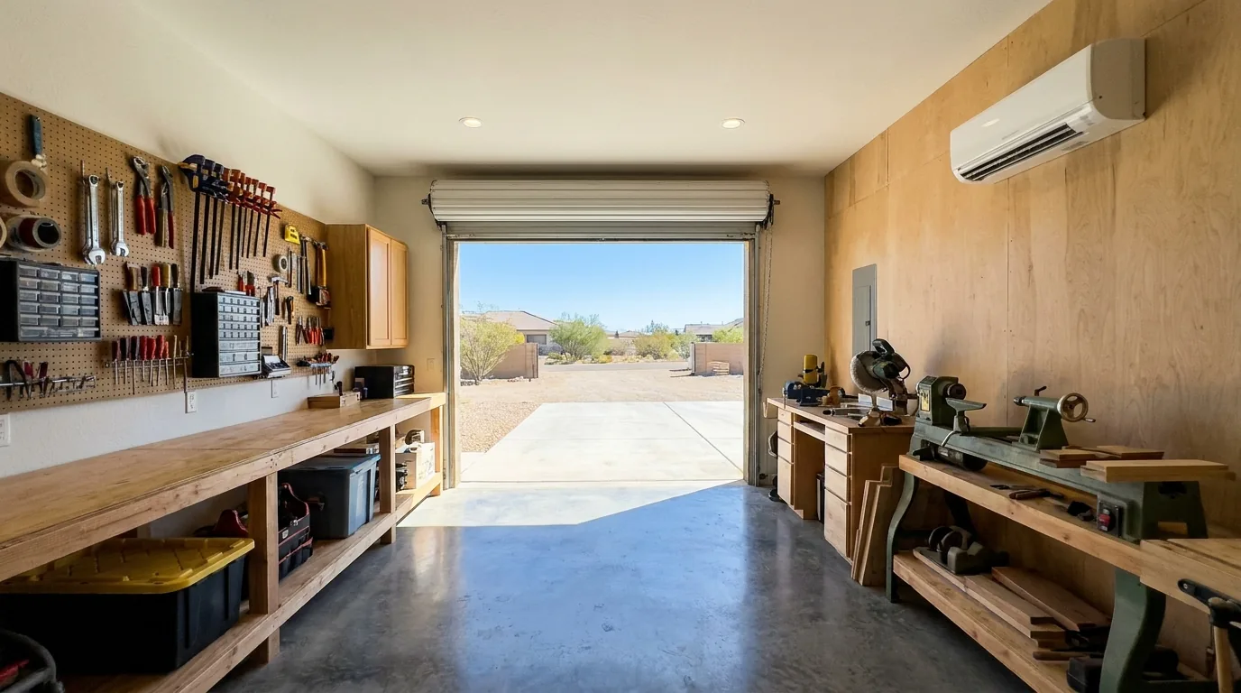 Garage mini-split install in the High Desert: ductless wall mount on a Hesperia detached garage
