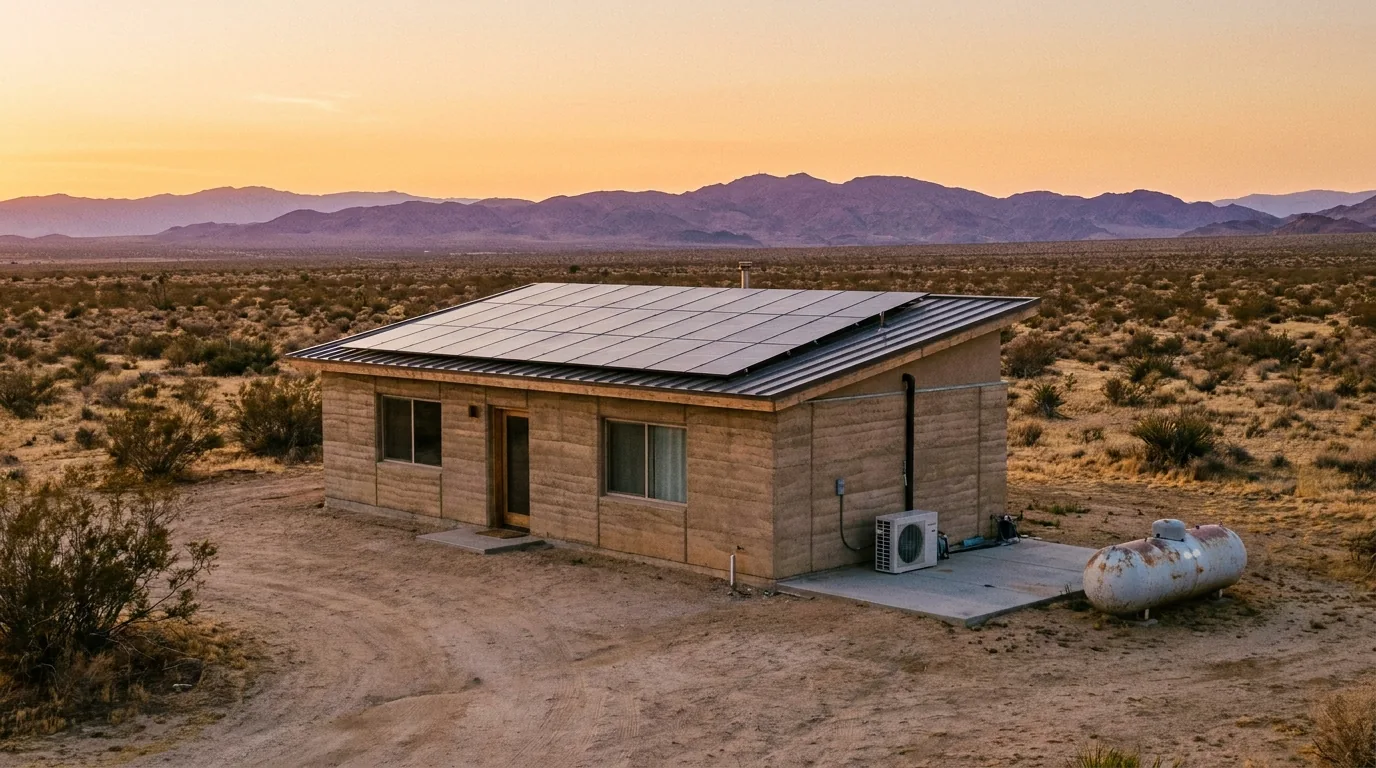 Off-grid heat pump install in the High Desert: solar-paired equipment on a Lucerne Valley property